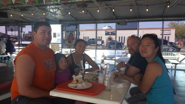 Andrew, Lola, Brea, Jeremy and Sarah enjoying Sonoran hot dogs